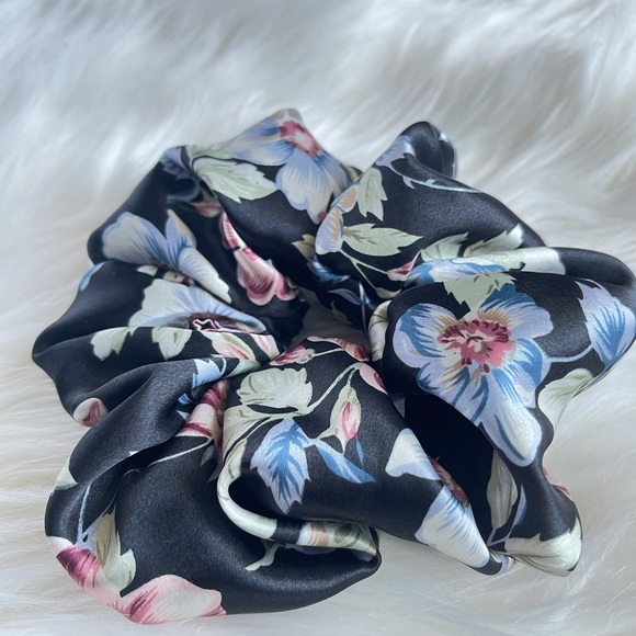 Silky Black Floral Print Scrunchie, Hair Bows - Picture 3 of 3